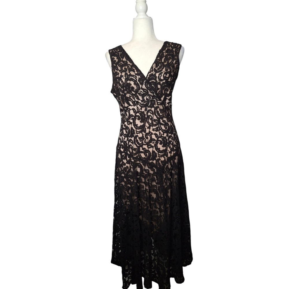 K Studio Collection Black Lace Surplice V-Neck Midi Dress Nude Lining Size 12
